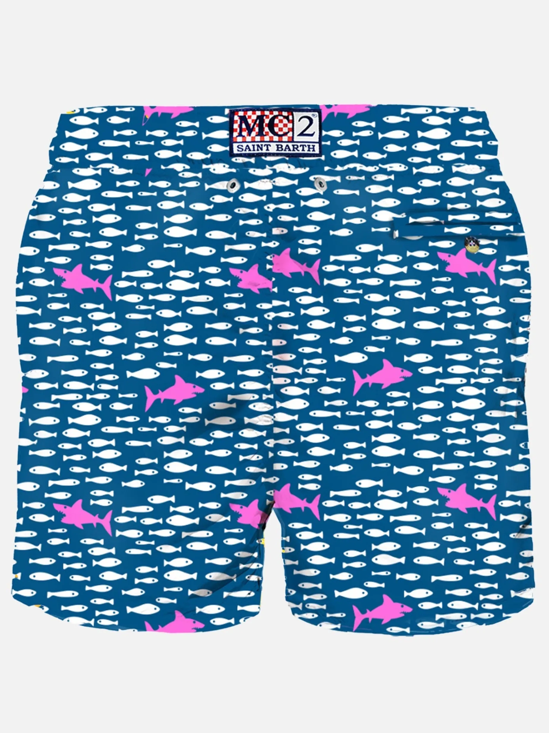 Herren-Badeshorts aus leichtem Stoff mit Fisch- und Hai-Aufdruck