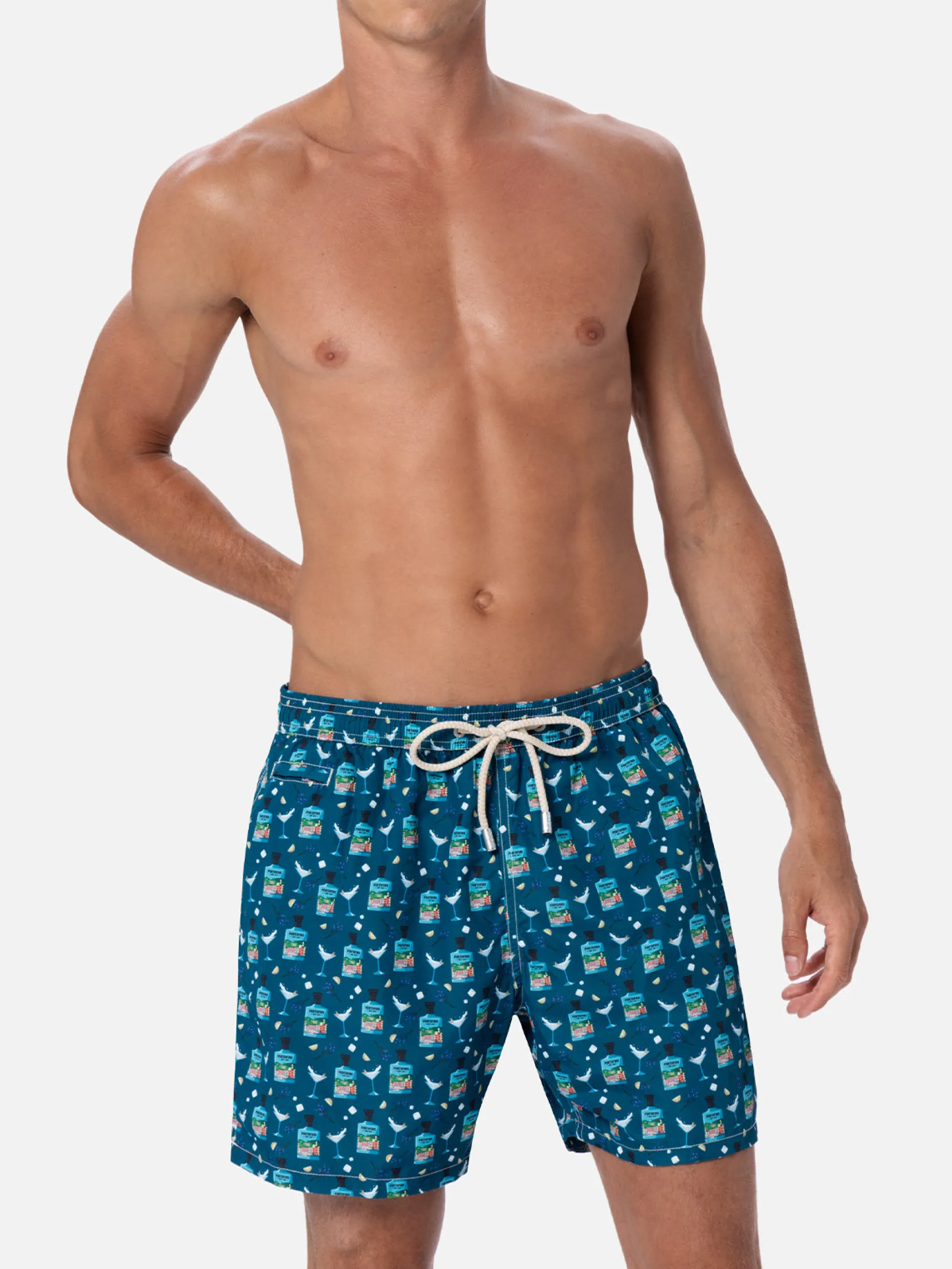 Herren-Badeshorts aus leichtem Stoff Lighting Micro Fantasy mit Gin Tonic Portofino Gin-Aufdruck | PORTOFINO DRY GIN SONDEREDITION
