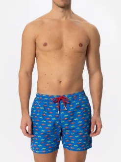 Herren-Badeshorts aus leichtem Stoff mit Schildkröten- und Autoaufdruck