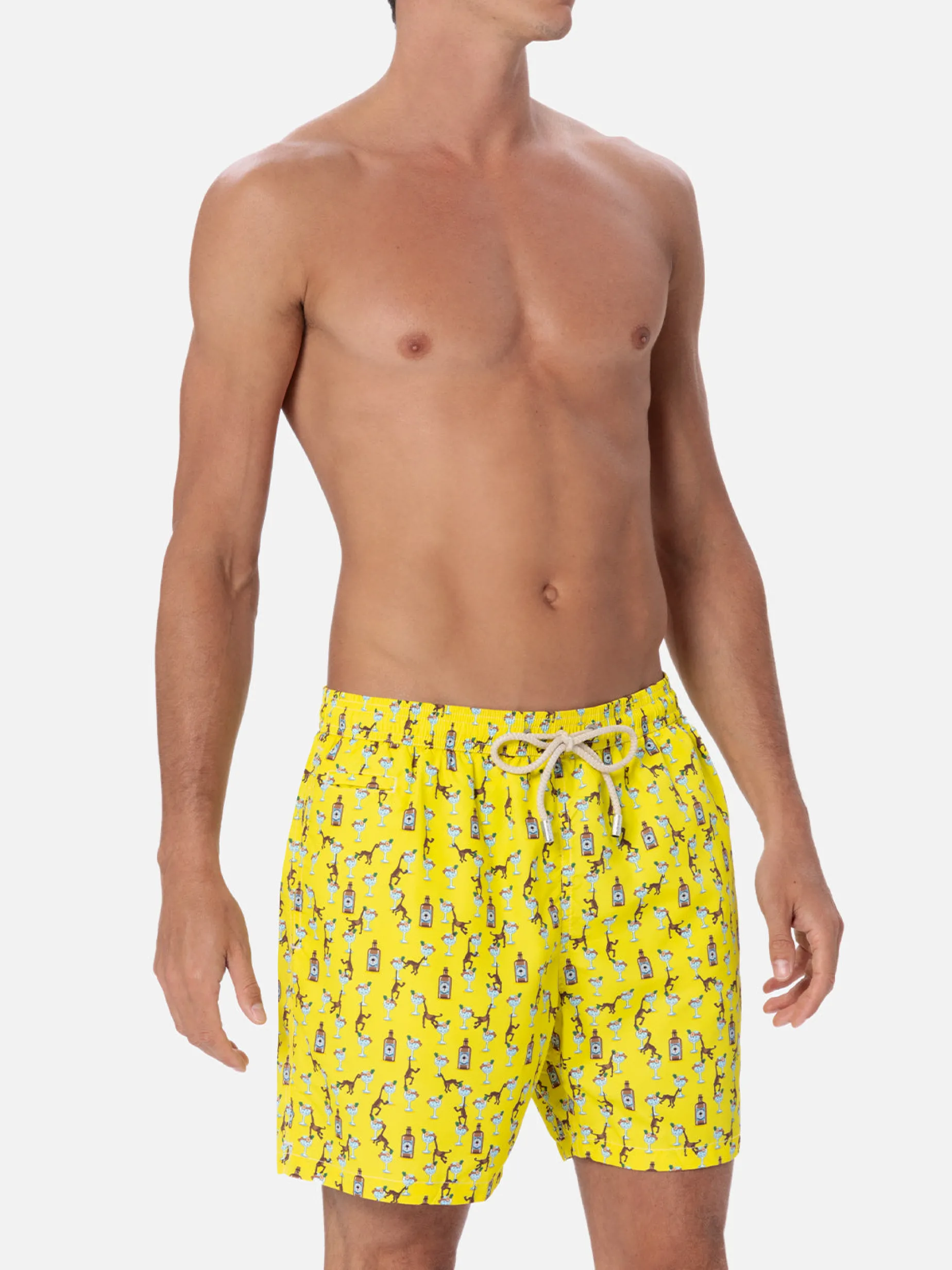Herren-Badeshorts aus leichtem Stoff Lighting Micro Fantasy mit Gin- und Affen-Print