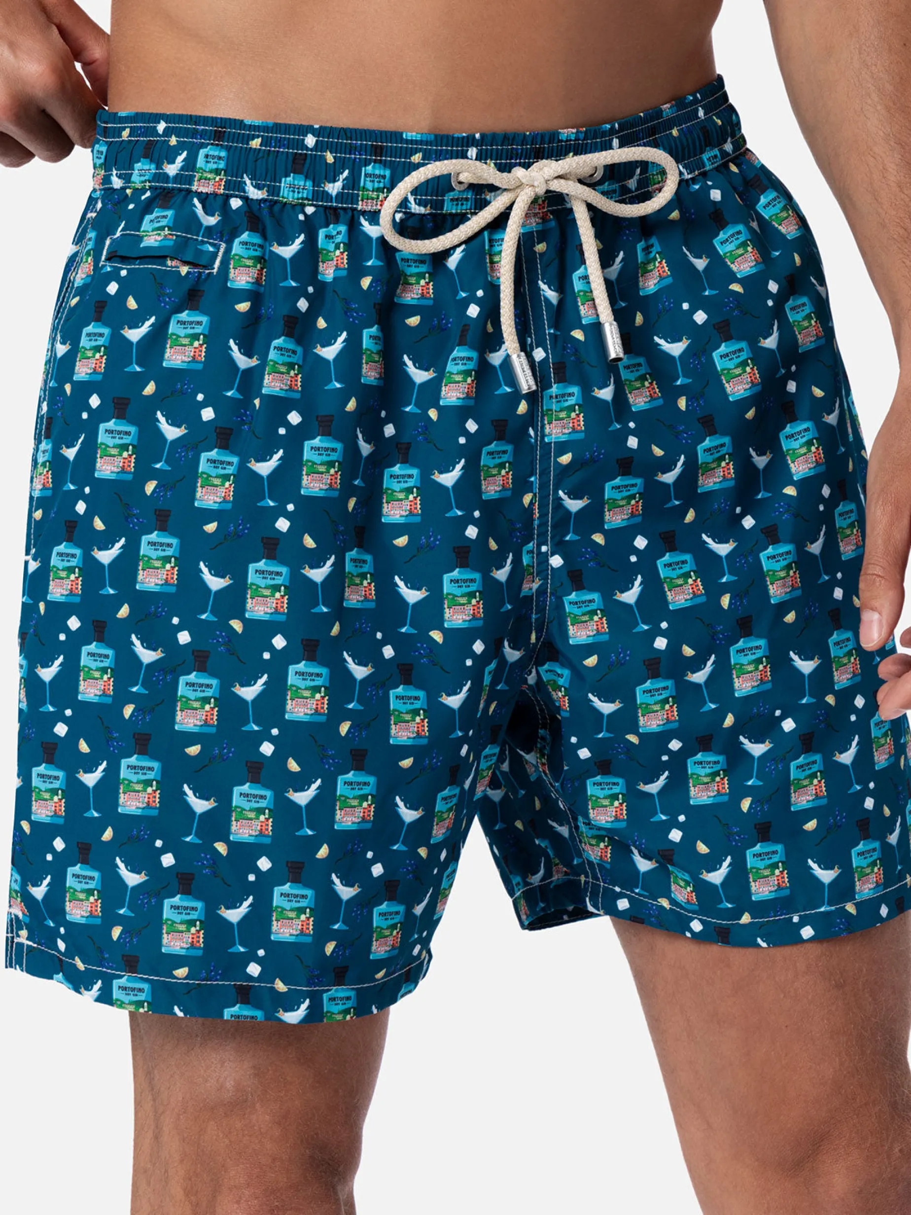 Herren-Badeshorts aus leichtem Stoff Lighting Micro Fantasy mit Gin Tonic Portofino Gin-Aufdruck | PORTOFINO DRY GIN SONDEREDITION