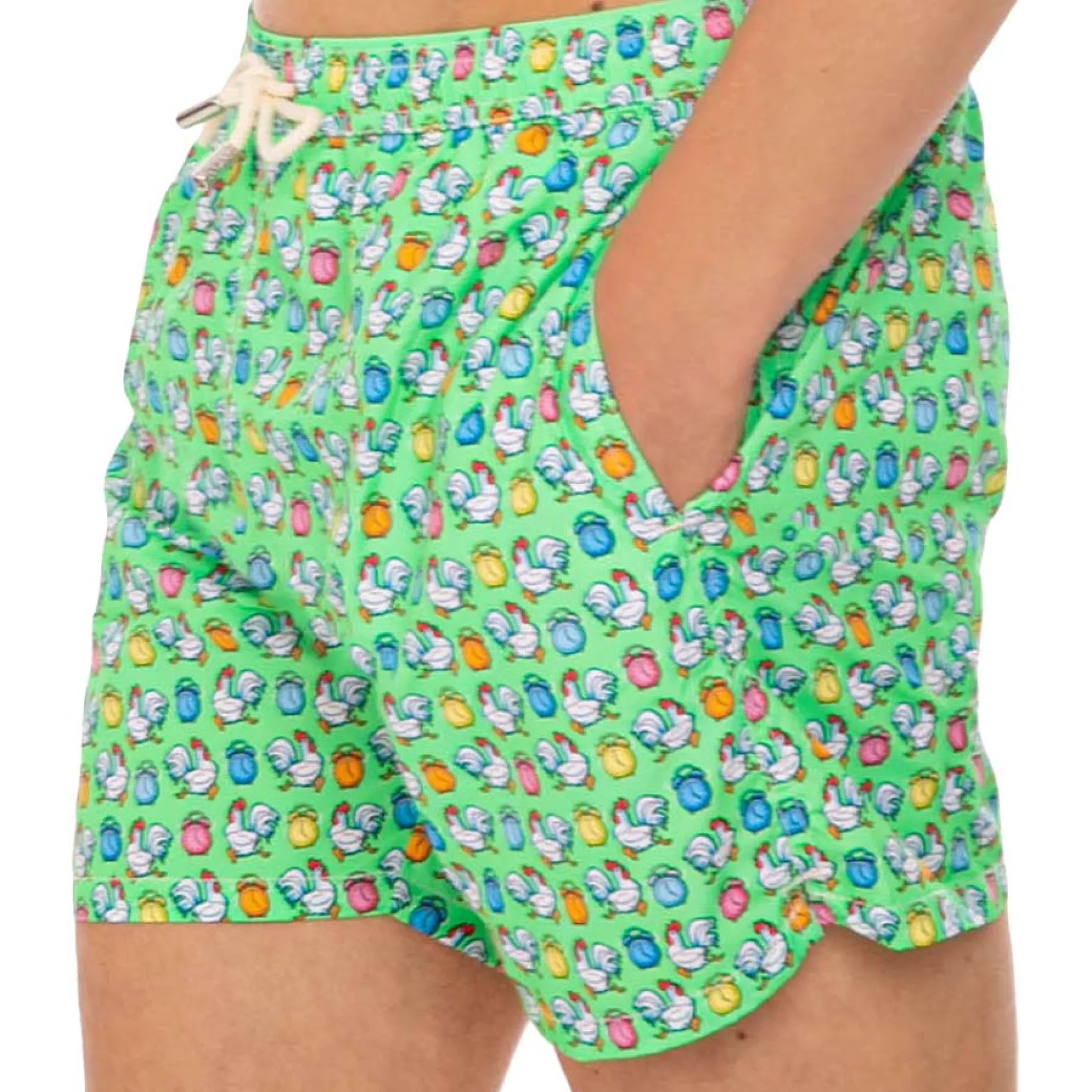 Herren-Badeshorts aus leichtem Stoff mit Hahnenmuster