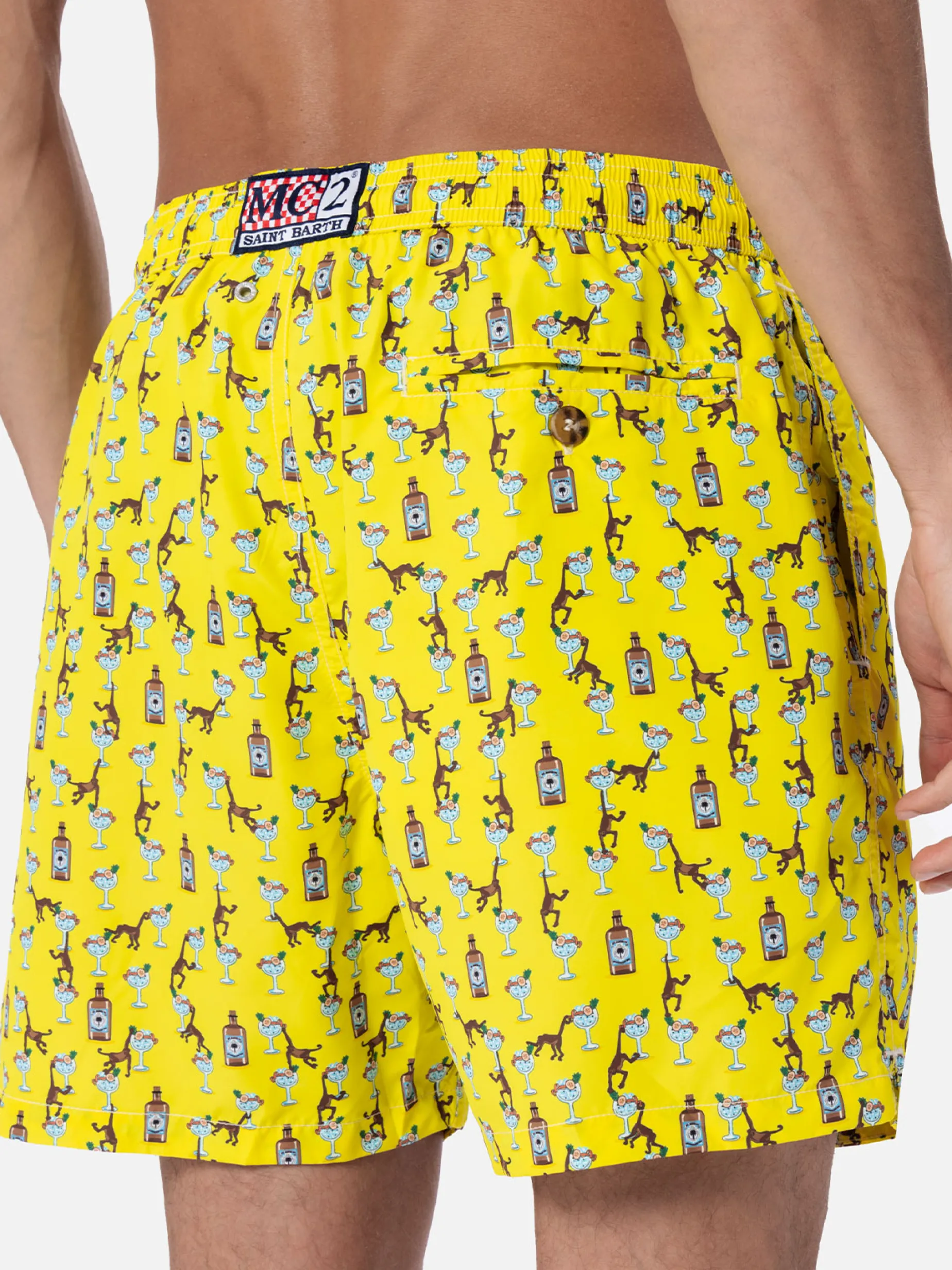 Herren-Badeshorts aus leichtem Stoff Lighting Micro Fantasy mit Gin- und Affen-Print