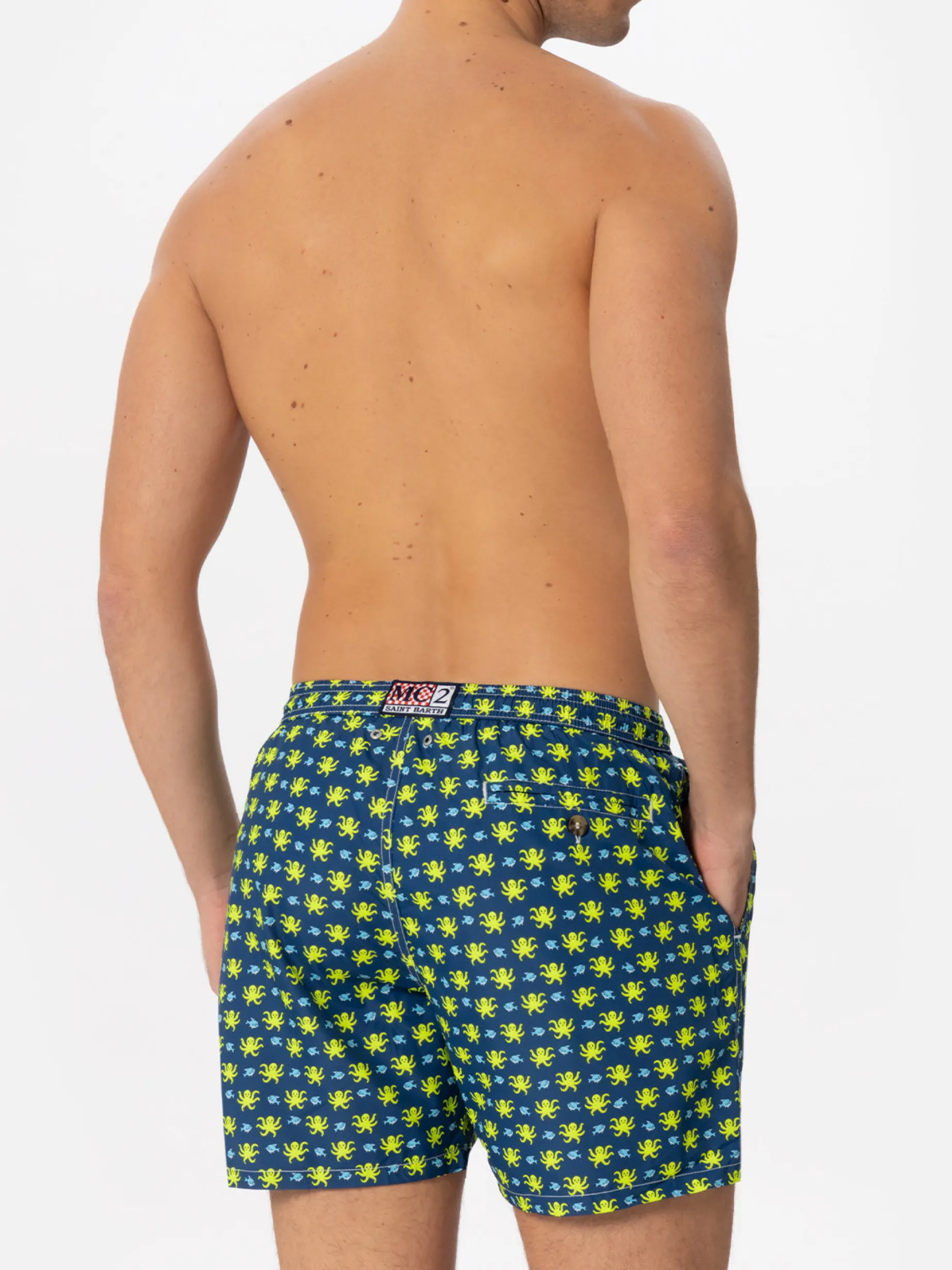 Herren-Badeshorts aus leichtem Stoff mit Fisch- und Oktopus-Print