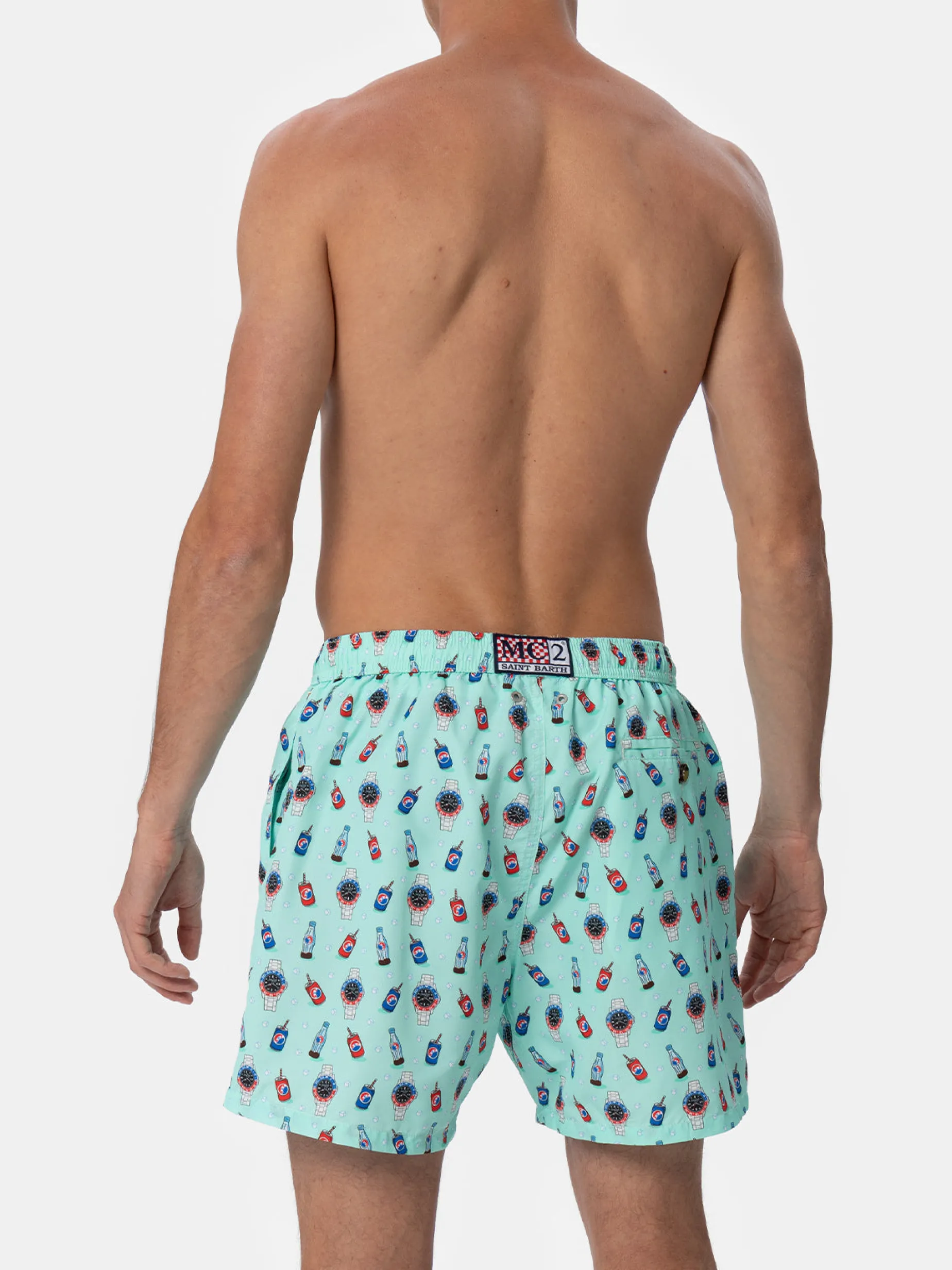 Herren-Badeshorts aus leichtem Stoff Lighting Micro Fantasy mit Uhren- und Getränkeaufdruck