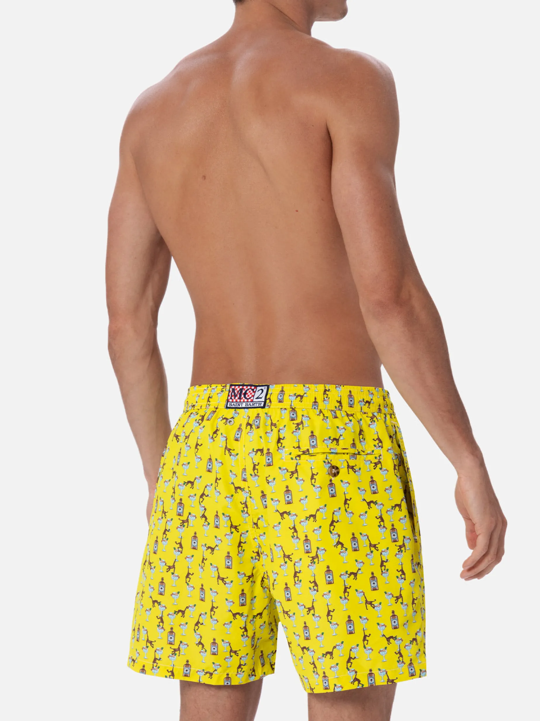 Herren-Badeshorts aus leichtem Stoff Lighting Micro Fantasy mit Gin- und Affen-Print