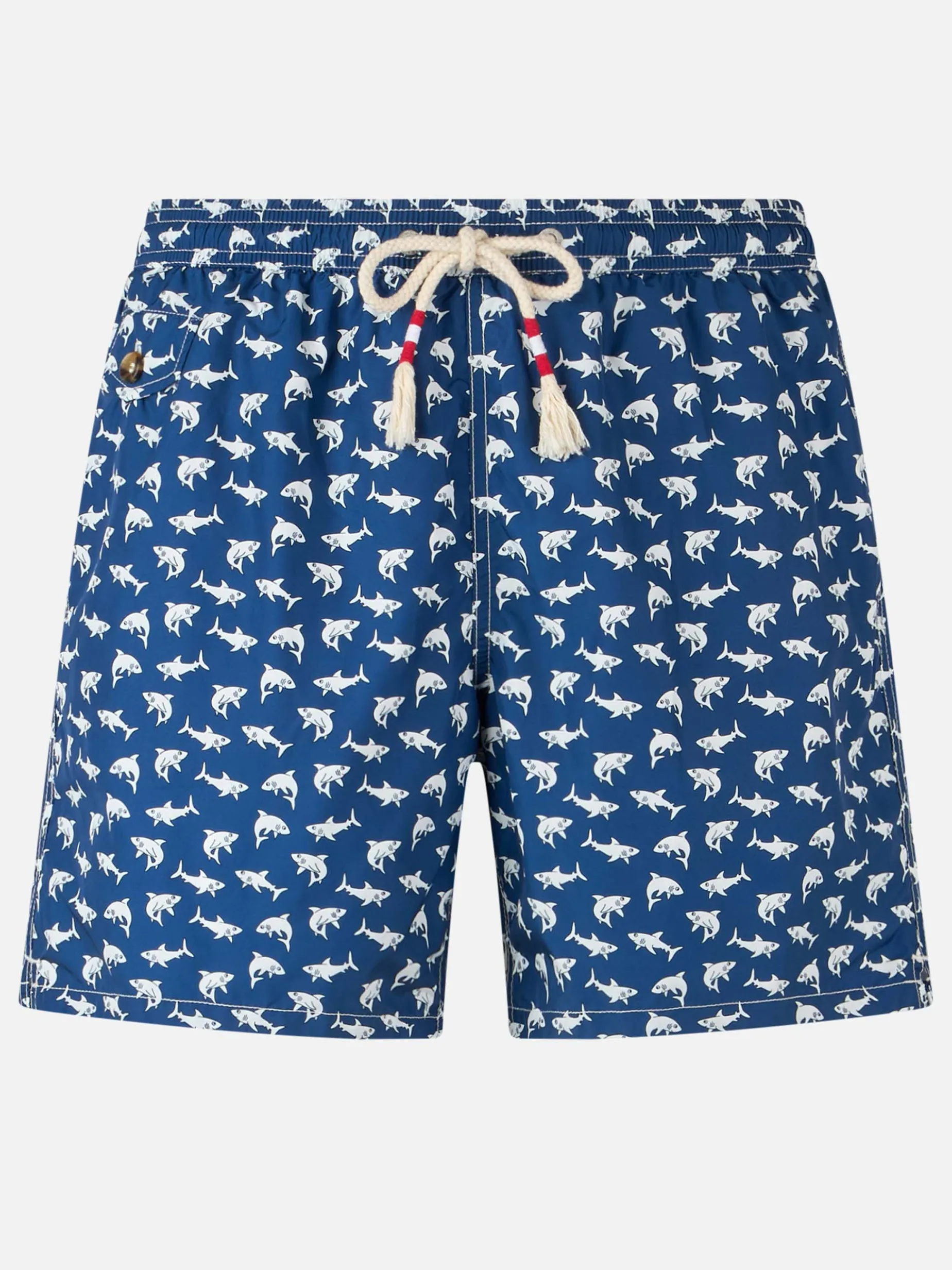 Herren-Badeshorts Lighting 70 aus leichtem Stoff mit Hai-Aufdruck