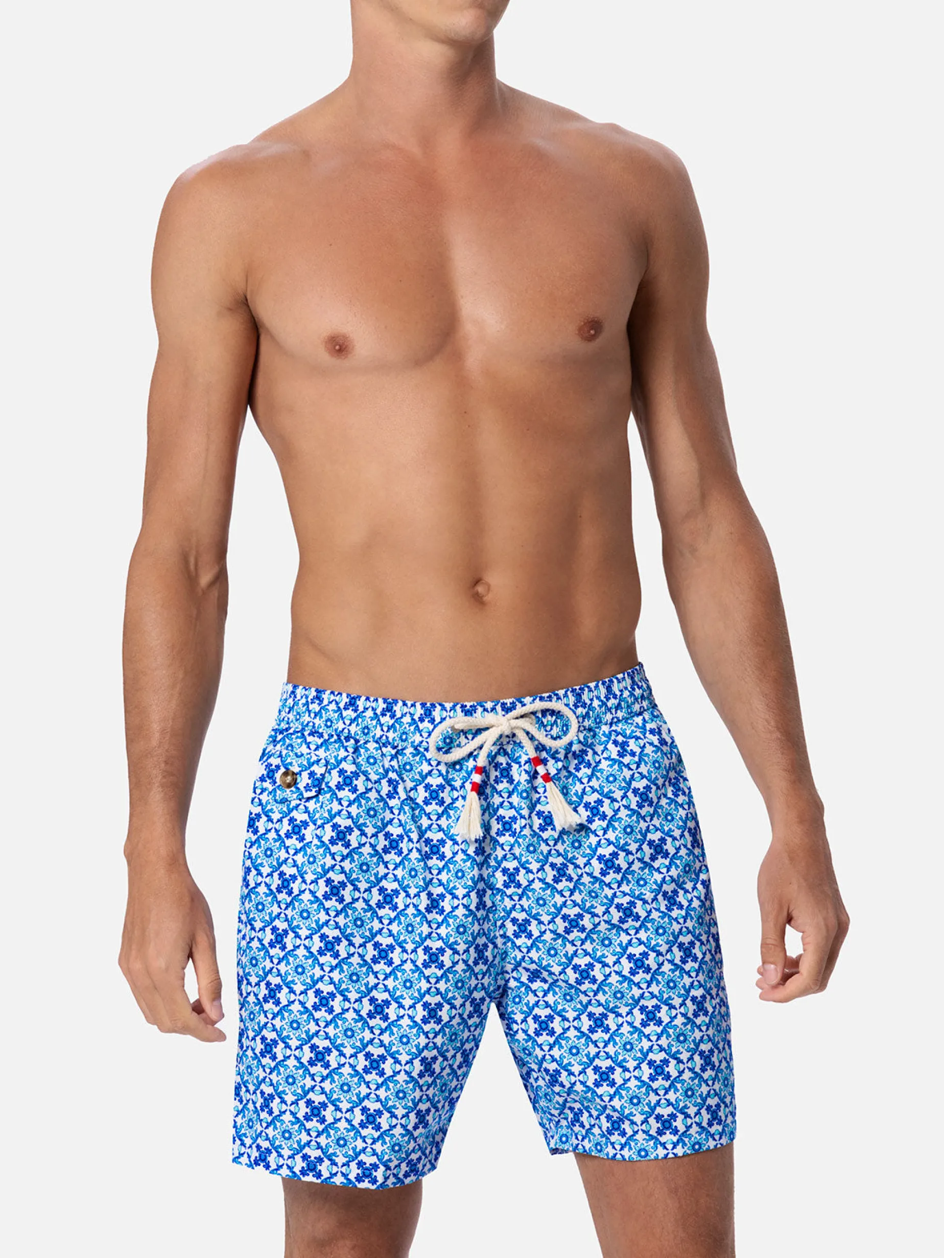 Herren-Badeshorts Lighting 70 aus leichtem Stoff mit Majolika-Print