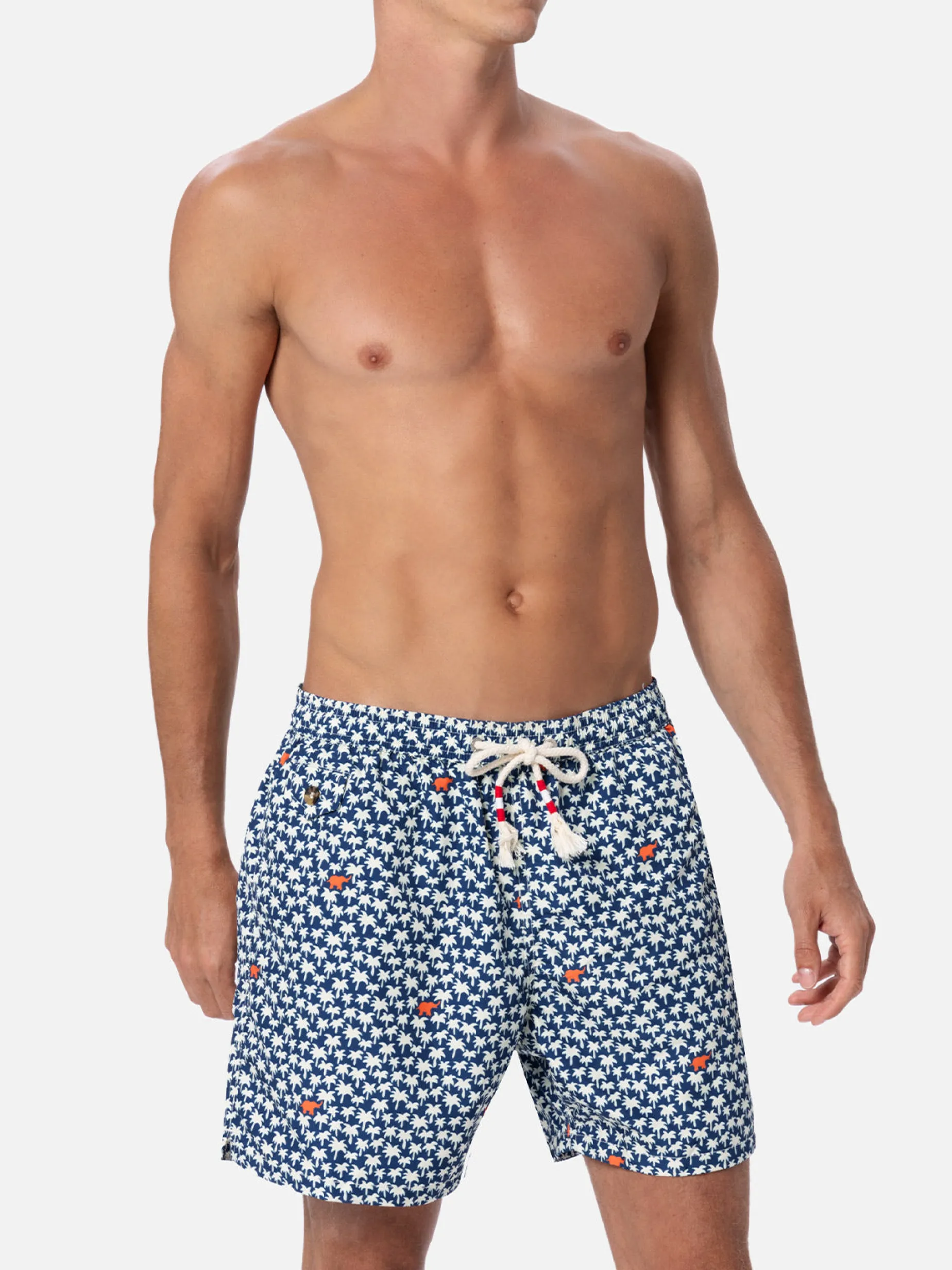 Herren-Badeshorts Lighting 70 aus leichtem Stoff mit Palmenprint