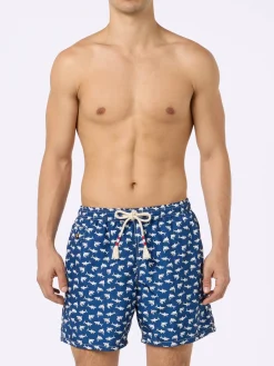Herren-Badeshorts Lighting 70 aus leichtem Stoff mit Hai-Aufdruck