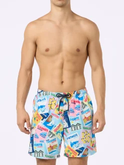 Herren-Badeshorts Lighting aus leichtem Stoff mit Postkartendruck