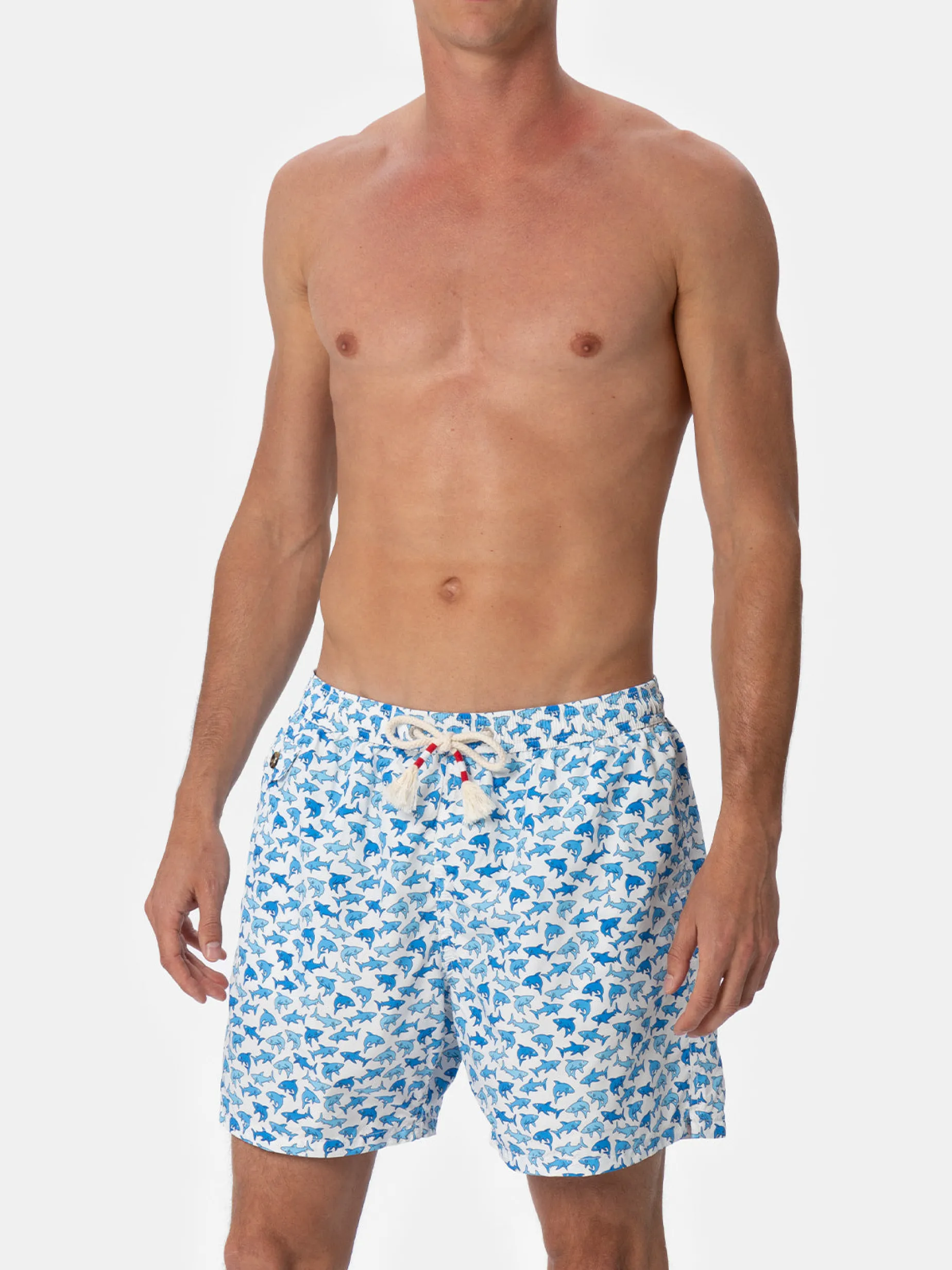 Herren-Badeshorts Lighting 70 aus leichtem Stoff mit Hai-Aufdruck