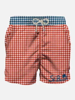 Herren-Badeshorts mit Gingham-Print und Tasche
