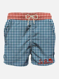 Herren-Badeshorts mit Gingham-Print und Tasche