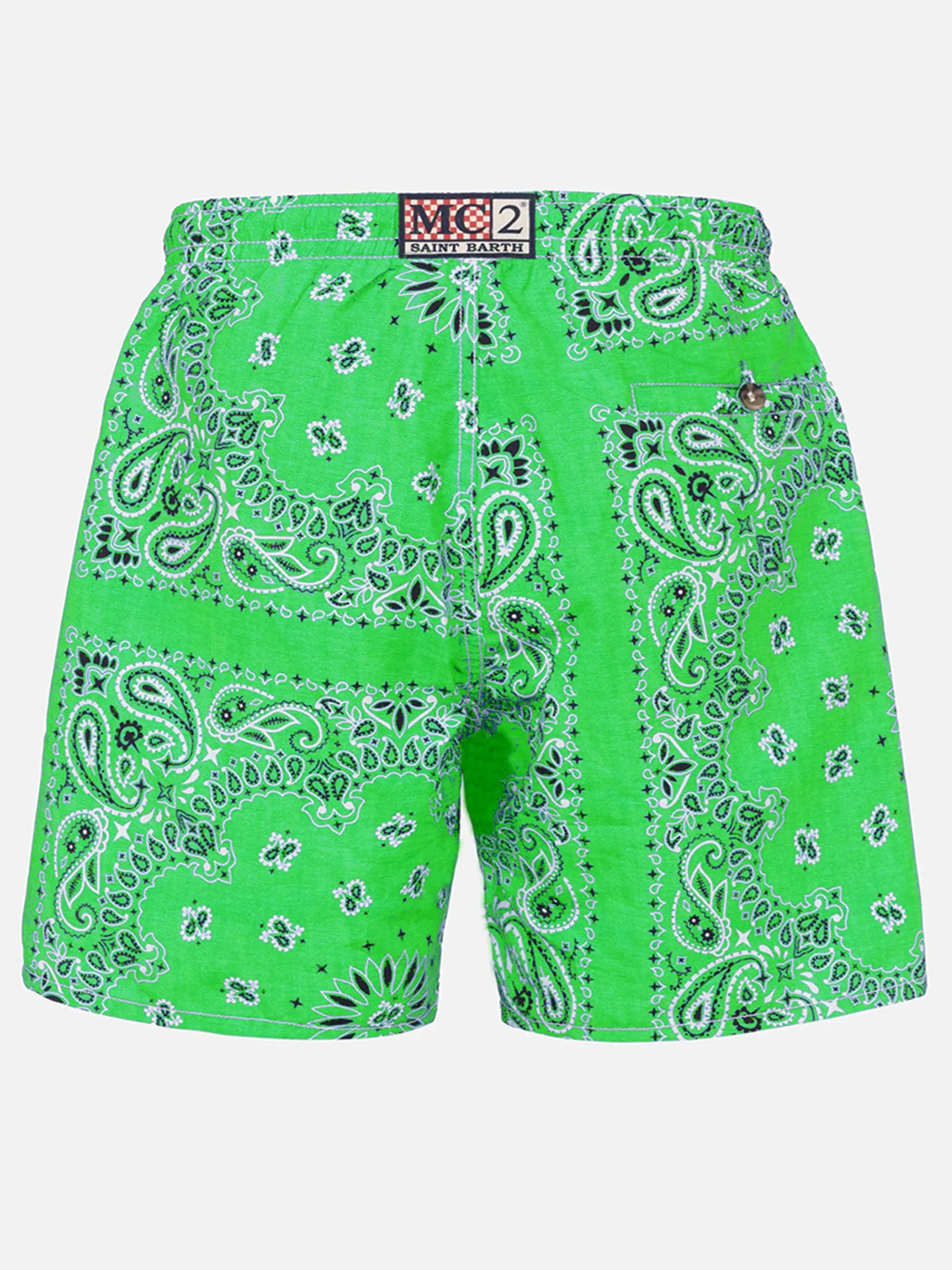 Herren-Badeshorts mit grünem Bandana-Aufdruck