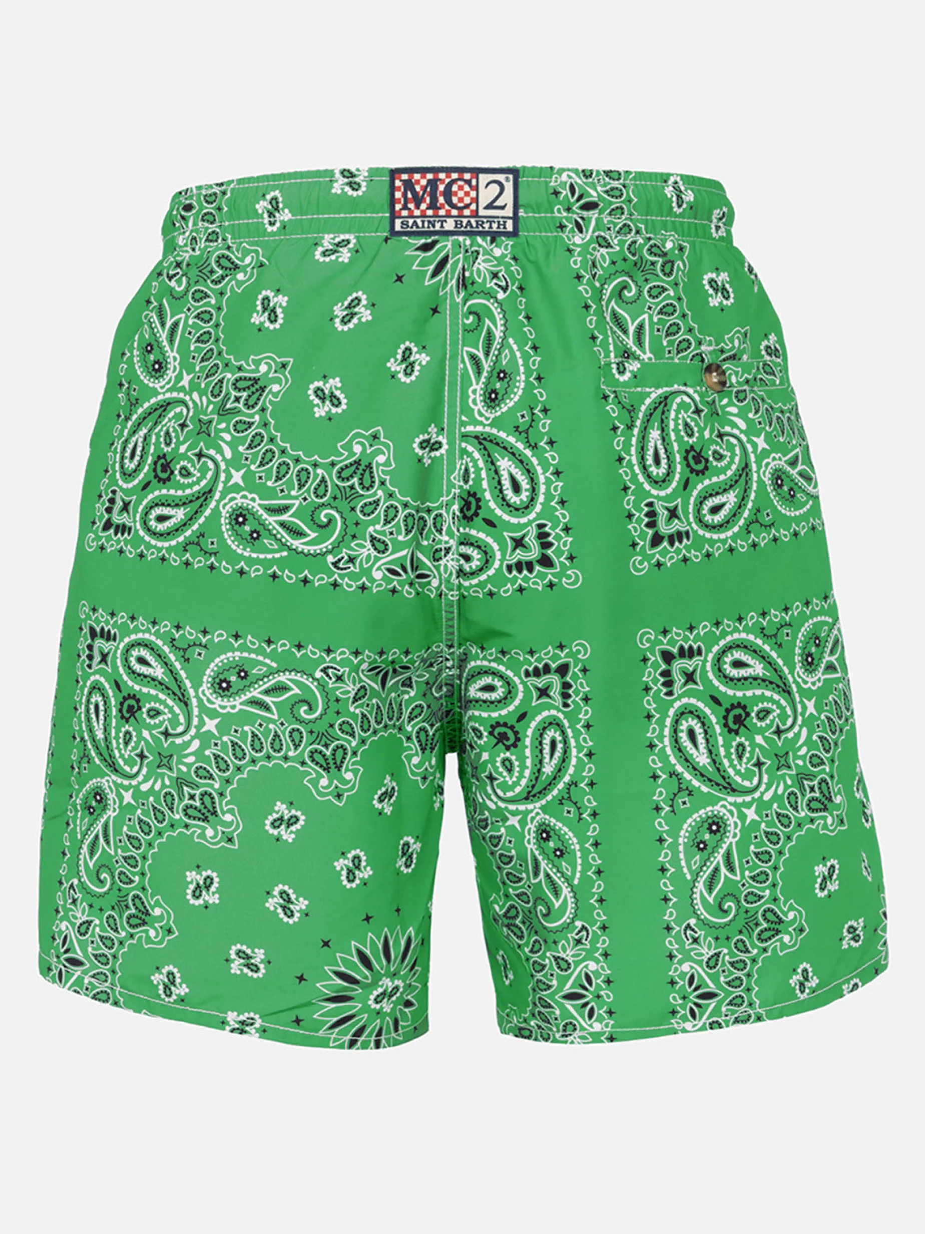 Herren-Badeshorts mit grünem Bandana-Aufdruck