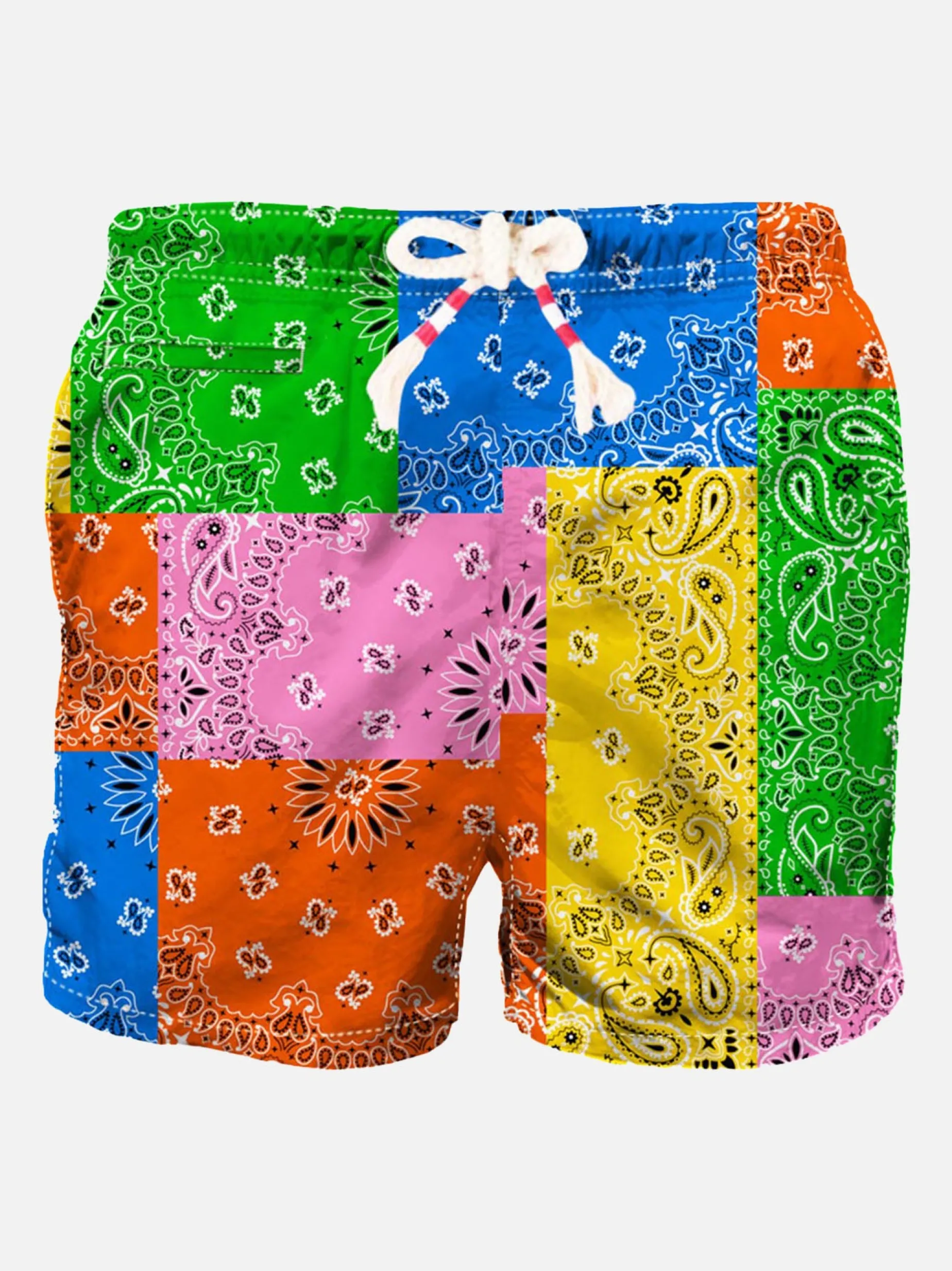 Herren-Badeshorts mit mehrfarbigem Bandana-Print