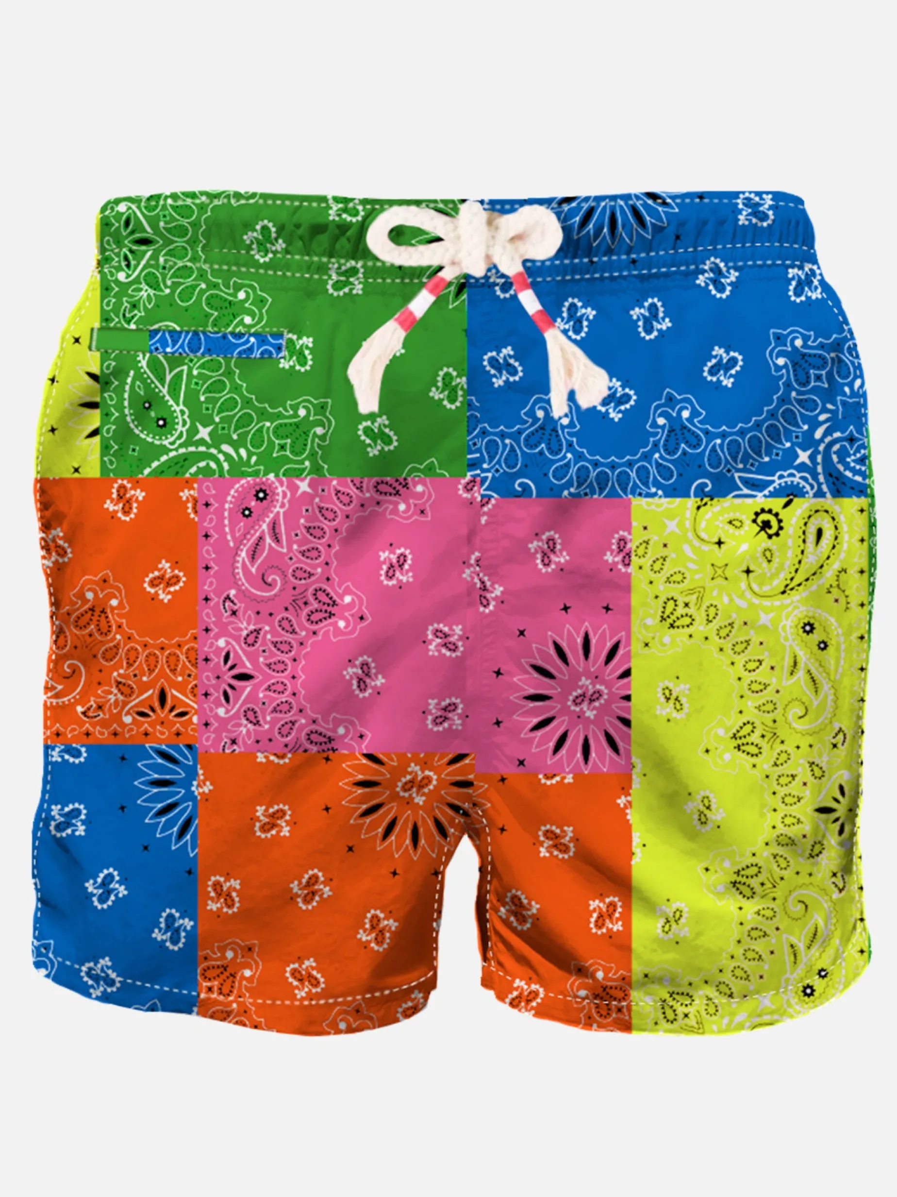 Herren-Badeshorts mit mehrfarbigem Bandana-Print