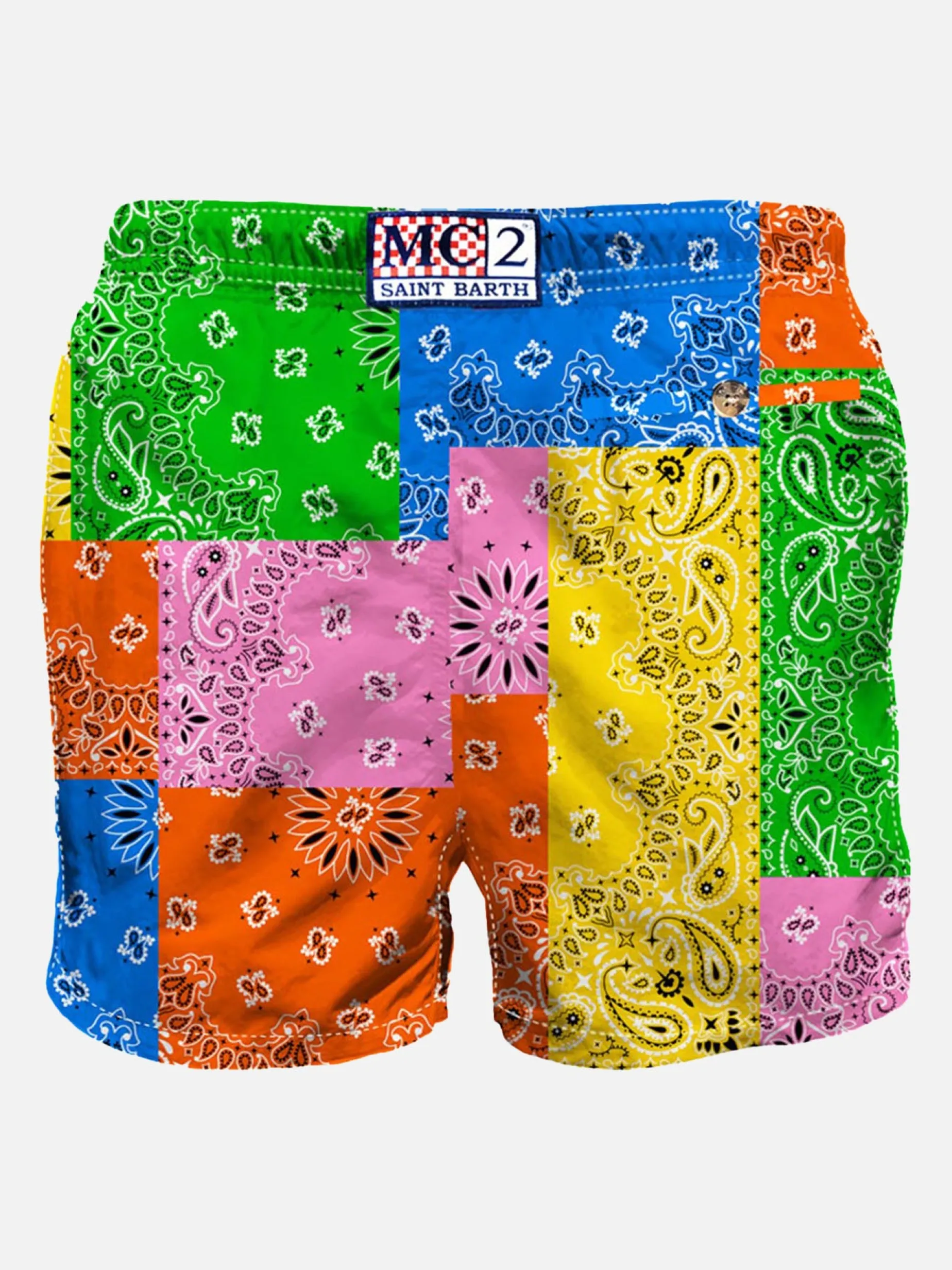 Herren-Badeshorts mit mehrfarbigem Bandana-Print