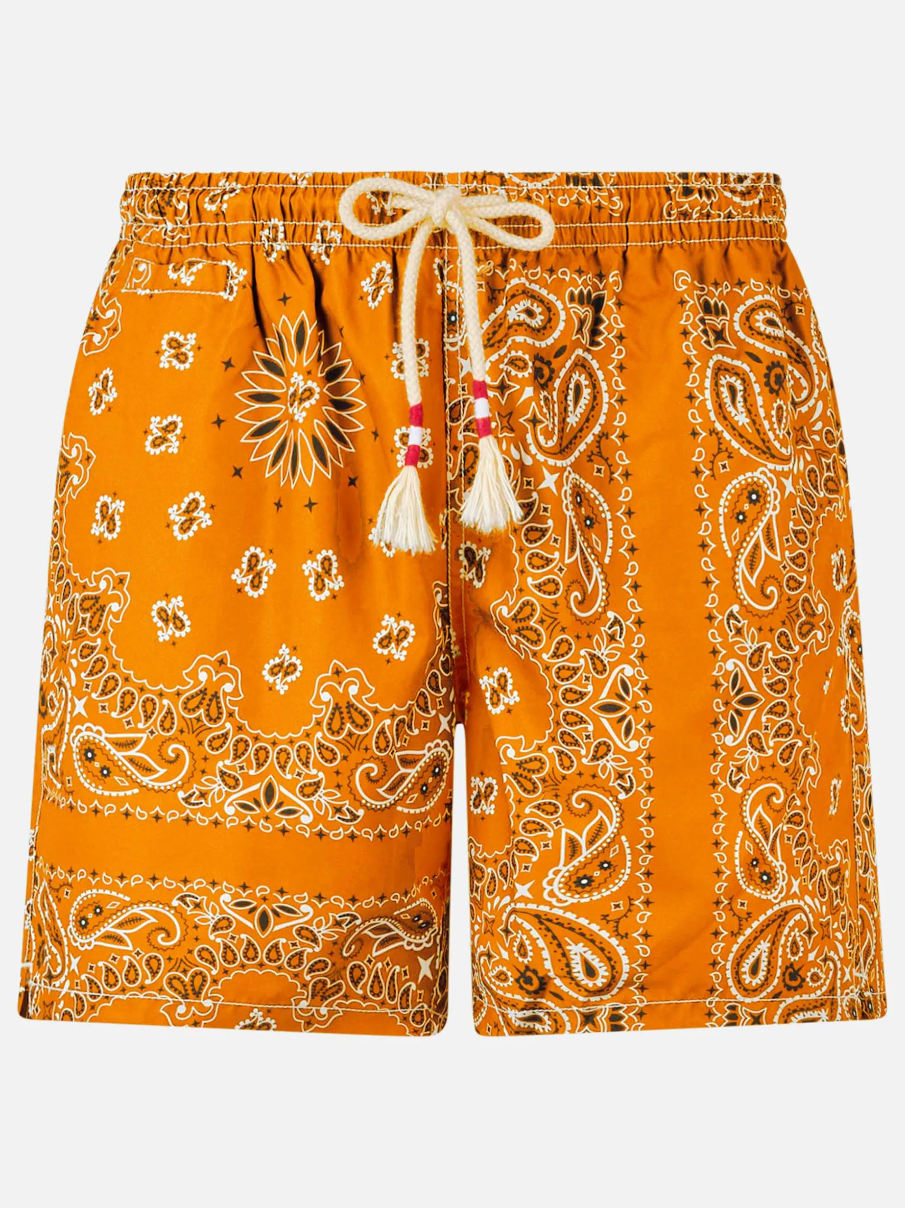 Herren-Badeshorts mit orangefarbenem Bandana-Aufdruck
