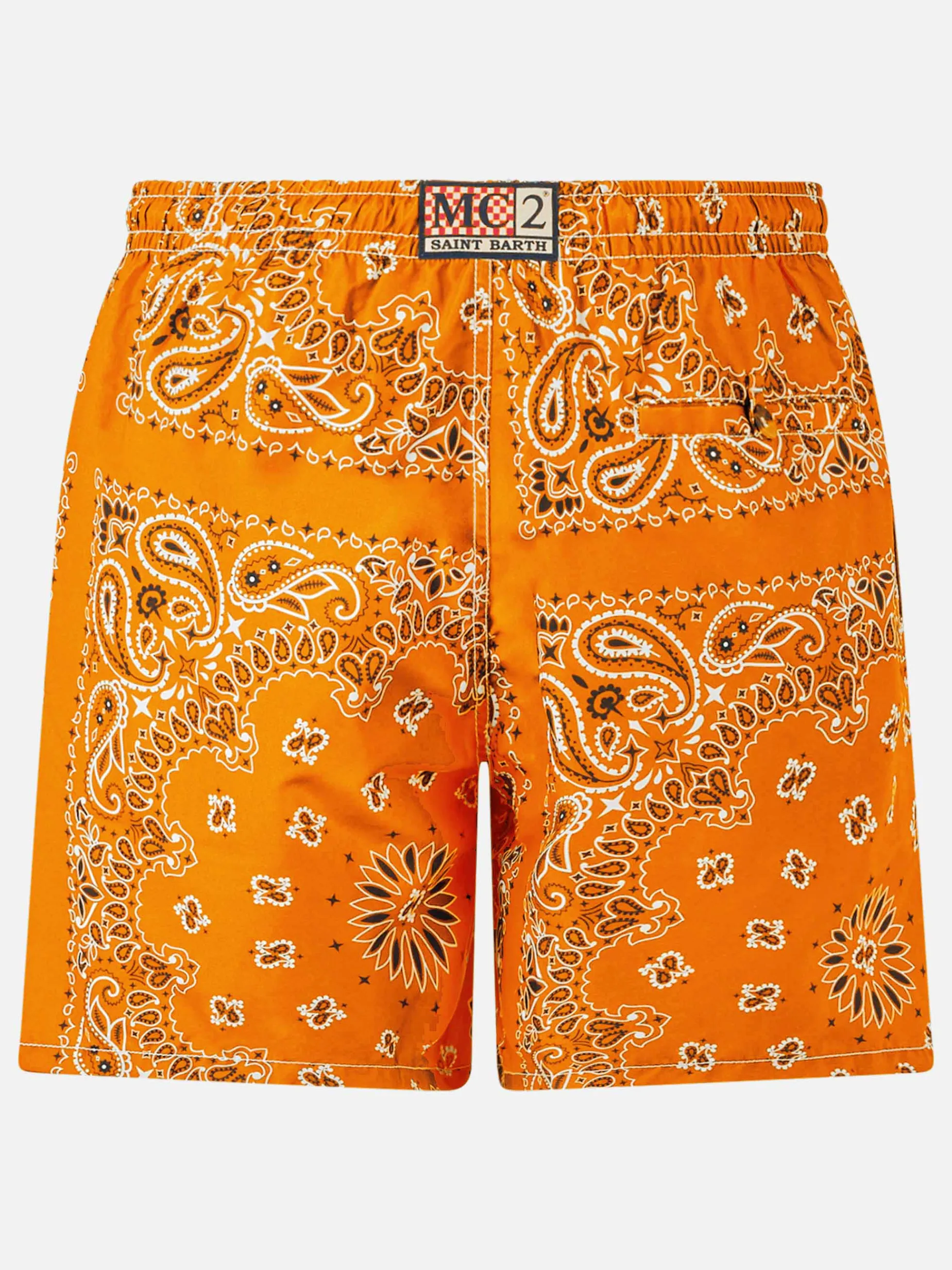 Herren-Badeshorts mit orangefarbenem Bandana-Aufdruck