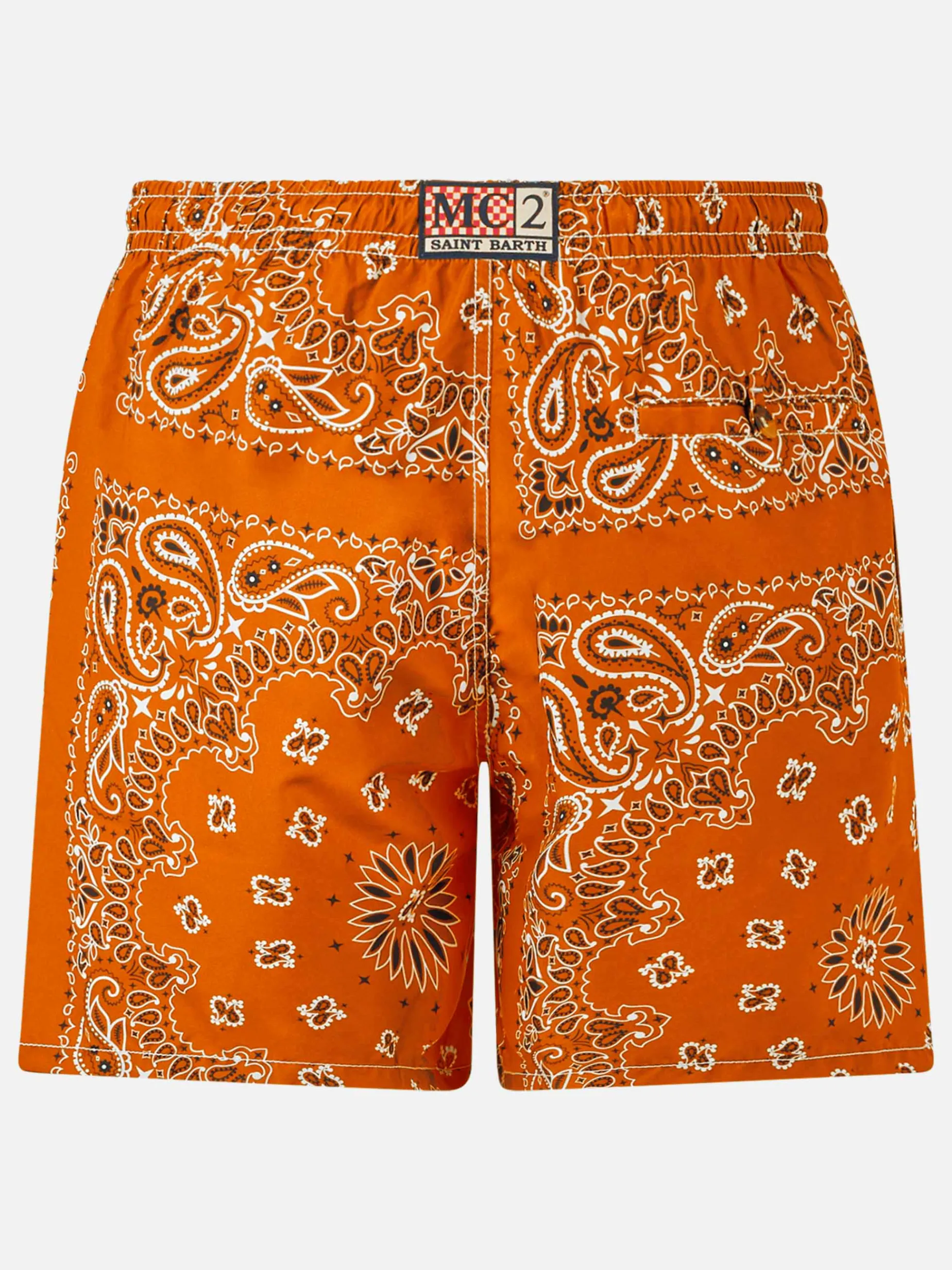Herren-Badeshorts mit orangefarbenem Bandana-Aufdruck