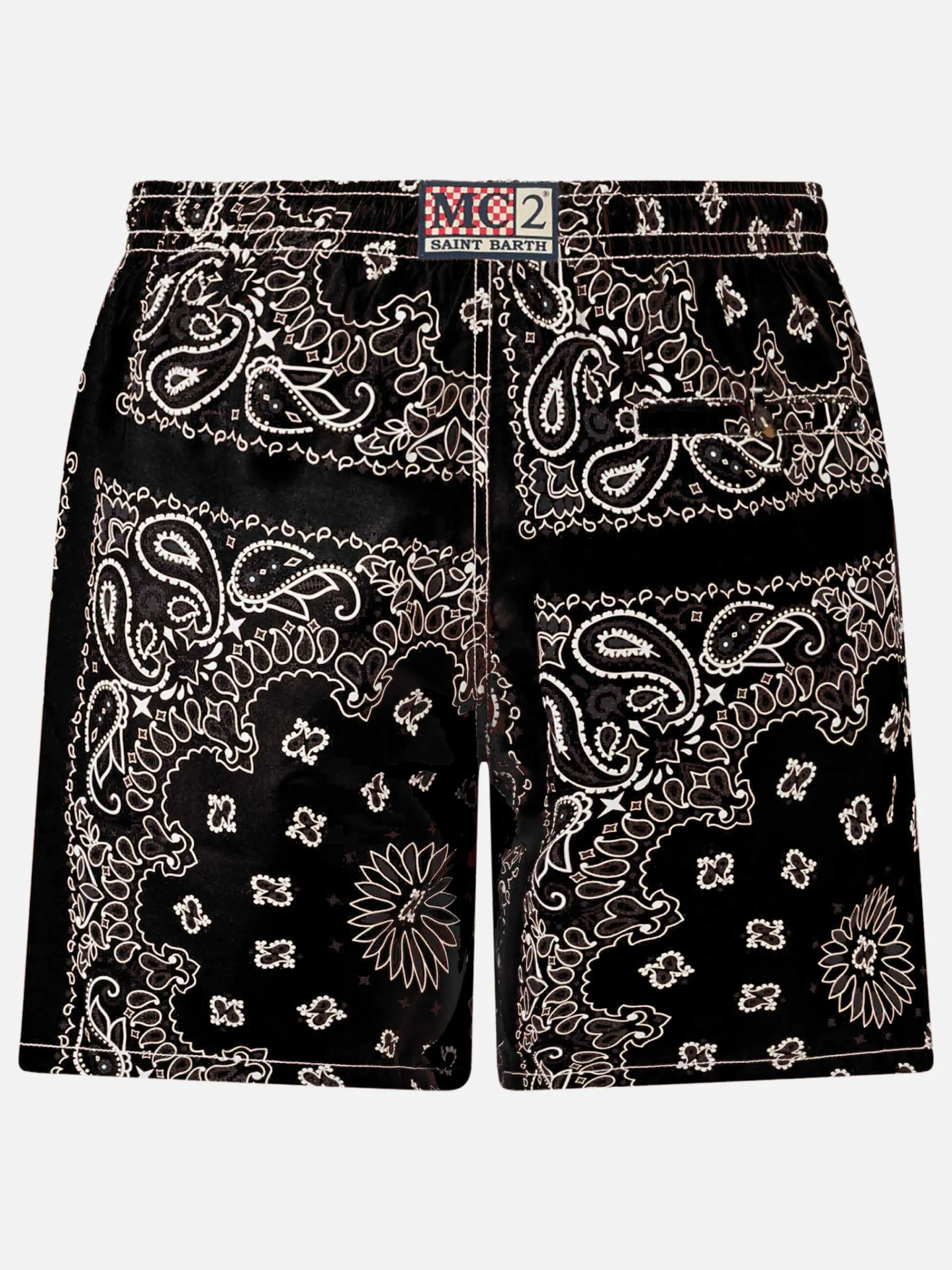 Herren-Badeshorts mit schwarzem Bandana-Print