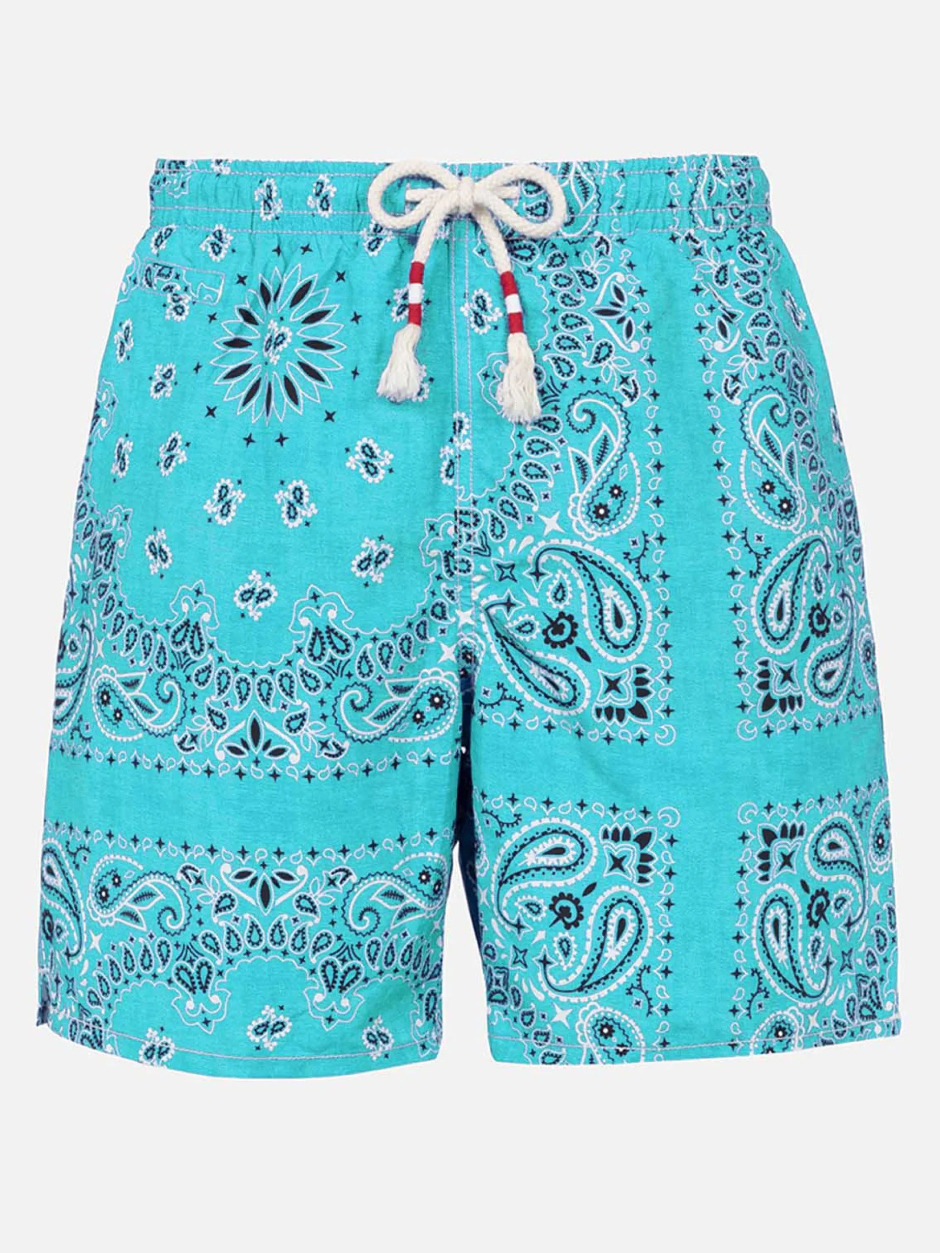 Herren-Badeshorts mit wassergrünem Bandana-Aufdruck