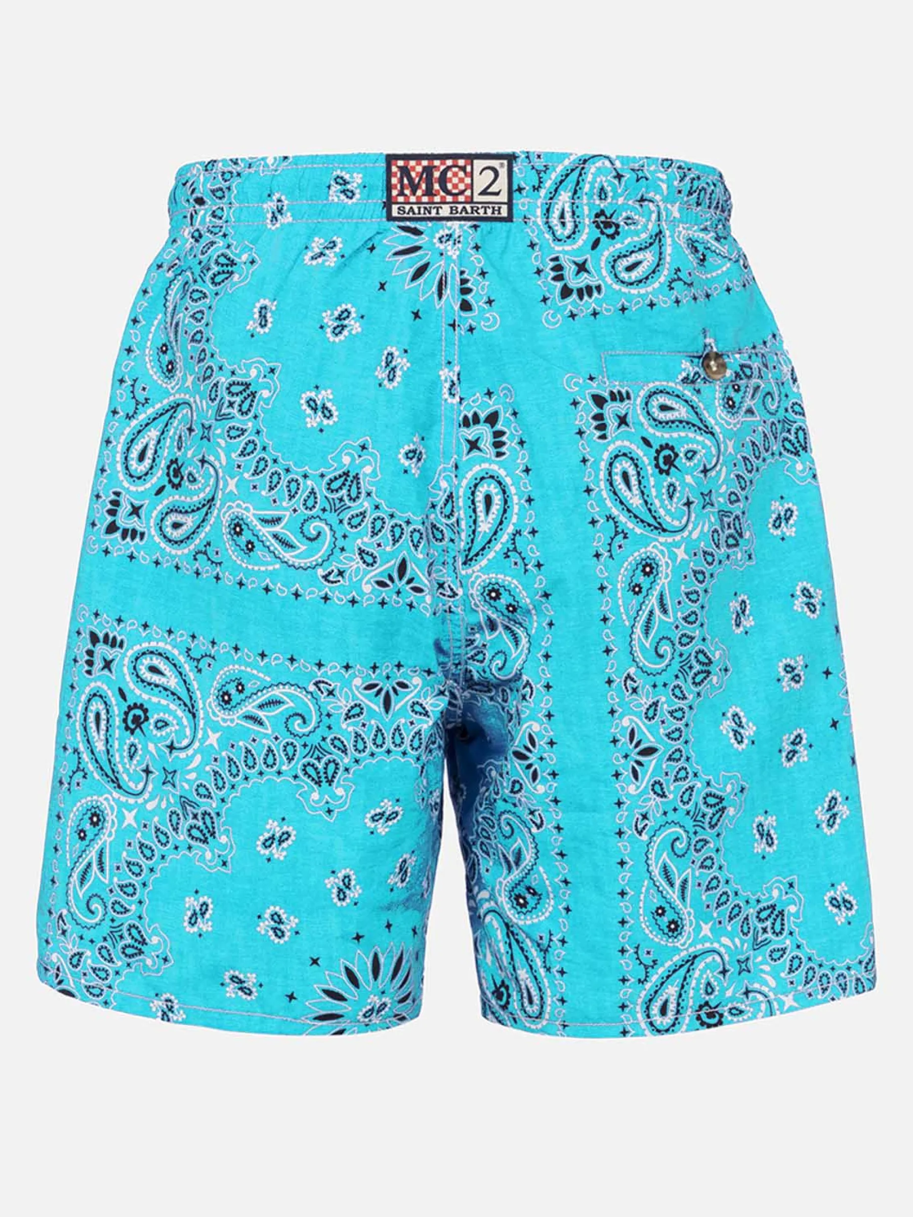 Herren-Badeshorts mit wassergrünem Bandana-Aufdruck