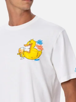 Herren-Baumwoll-T-Shirt mit platziertem Aufdruck „Cryptopuppets Ducky Aperitif“ auf Vorder- und Rückseite | CRYPTOPUPPET-SONDERAUSGABE