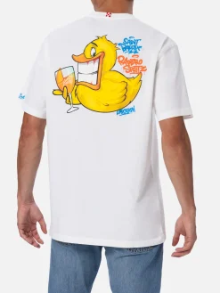 Herren-Baumwoll-T-Shirt mit platziertem Aufdruck „Cryptopuppets Ducky Aperitif“ auf Vorder- und Rückseite | CRYPTOPUPPET-SONDERAUSGABE