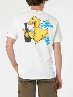 Herren-Baumwoll-T-Shirt mit platziertem Aufdruck „Cryptopuppets Ducky Bollicine“ auf Vorder- und Rückseite | CRYPTOPUPPET-SONDERAUSGABE