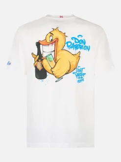 Herren-Baumwoll-T-Shirt mit platziertem Aufdruck „Cryptopuppets Ducky Bollicine“ auf Vorder- und Rückseite | CRYPTOPUPPET-SONDERAUSGABE