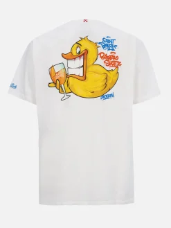 Herren-Baumwoll-T-Shirt mit platziertem Aufdruck „Cryptopuppets Ducky Aperitif“ auf Vorder- und Rückseite | CRYPTOPUPPET-SONDERAUSGABE