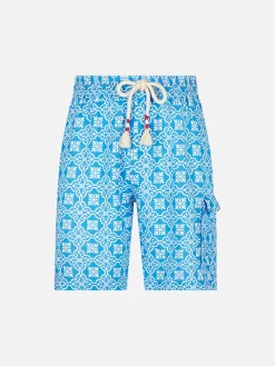 Herren-Bermudashorts aus Leinen mit weißem und hellblauem Majolika-Print