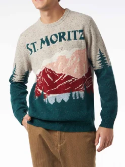 Herren-Donegal-Pullover mit Rundhalsausschnitt und St. Moritz-Postkarten-Jacquard-Print