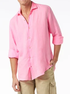 Herren-Hemd aus Pamplona-Leinen in Wasserfarbe in Fluo-Rosa
