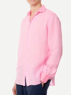 Herren-Hemd aus Pamplona-Leinen in Wasserfarbe in Fluo-Rosa