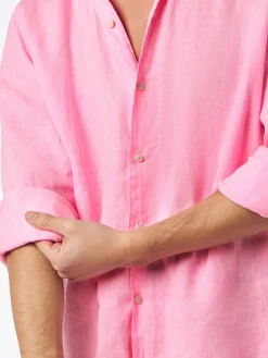 Herren-Hemd aus Pamplona-Leinen in Wasserfarbe in Fluo-Rosa