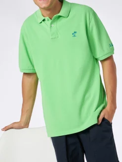 Herren-Poloshirt aus fluogrünem Piquet mit St. Barth-Logo und Vintage-Effekt