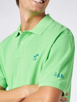 Herren-Poloshirt aus fluogrünem Piquet mit St. Barth-Logo und Vintage-Effekt