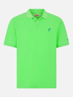 Herren-Poloshirt aus fluogrünem Piquet mit St. Barth-Logo und Vintage-Effekt