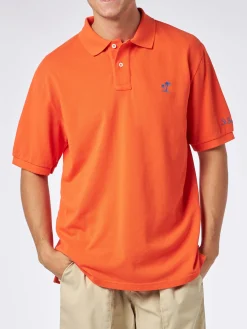 Herren-Poloshirt aus orangefarbenem Piquet mit St. Barth-Logo und Vintage-Effekt