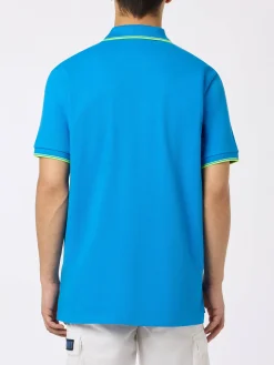 Herren-Poloshirt Beverly Hills aus blauem Baumwoll-Piqué mit Palmenstickerei