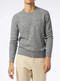 Herrenpullover aus Stretchwolle in Melange-Grau mit St. Barth-Stickerei