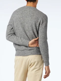 Herrenpullover aus Stretchwolle in Melange-Grau mit St. Barth-Stickerei