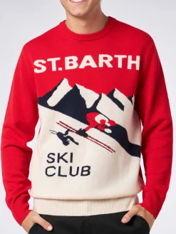 Herrenpullover mit Rundhalsausschnitt und Postkarten-Jacquarddruck des St. Barth Ski Club