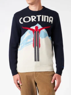 Herren-Pullover mit Rundhalsausschnitt und Cortina-Postkarten-Jacquard-Druck