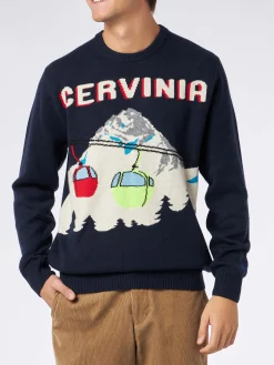 Herren-Pullover mit Rundhalsausschnitt und Cervinia-Postkarten-Jacquard-Druck