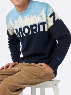Herren-Pullover mit Rundhalsausschnitt und Jacquard-Print mit St. Moritz-Postkarte